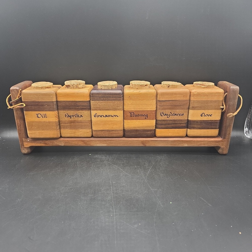 Vintage 1979 Knock On Wood Spice Rack Set 6 Jar MCM Butcher Block Coppy Style